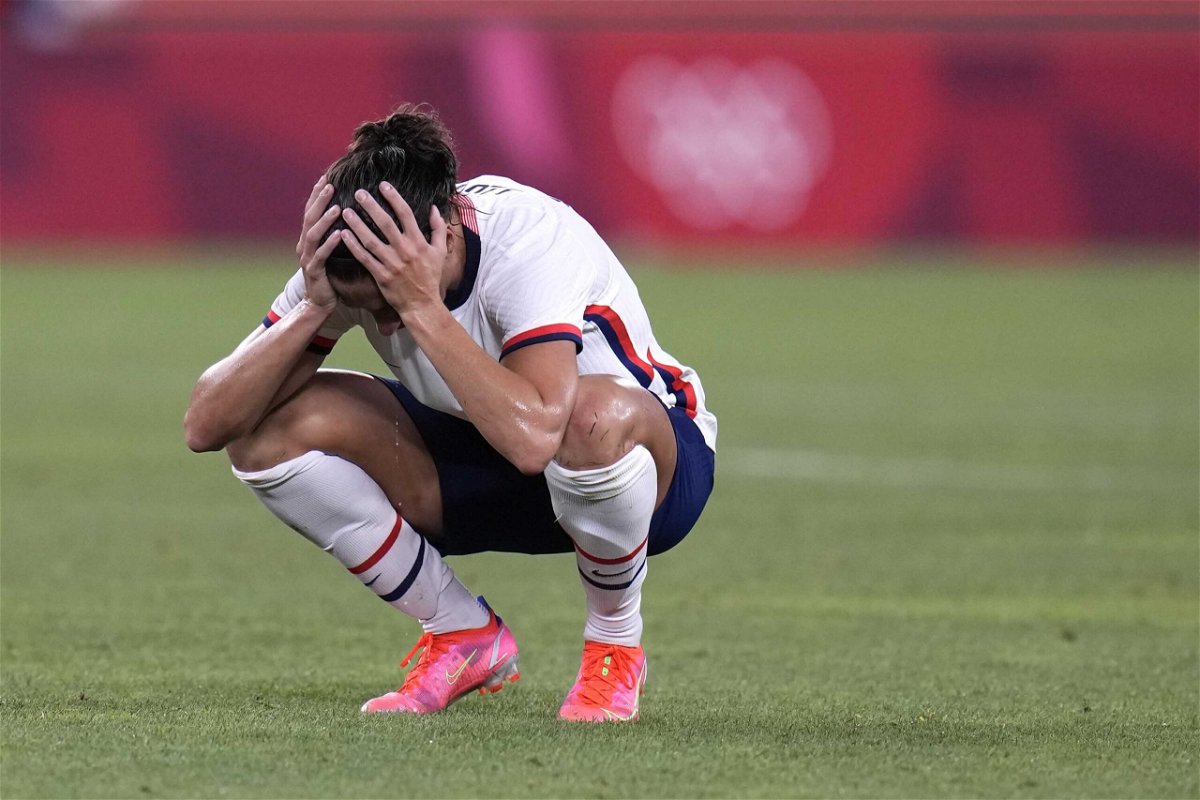 <i>Fernando Vergara/AP</i><br/>Carli Lloyd reacts after being defeated 1-0 by Canada during the women's semifinal soccer match at the 2020 Summer Olympics.