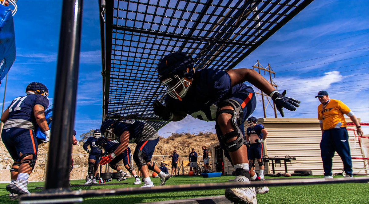 UTEP football's offensive line during practice.