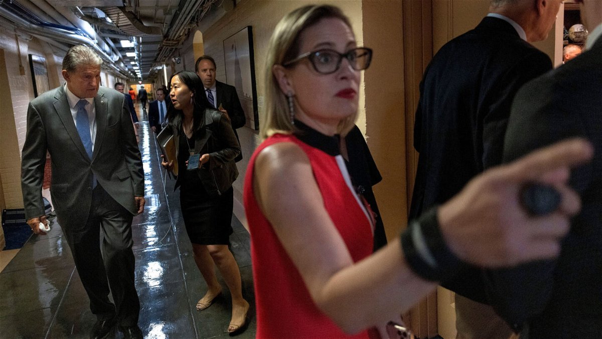 <i>Kevin Dietsch/Getty Images</i><br/>Sens. Kyrsten Sinema and Joe Manchin arrive for a bipartisan meeting on infrastructure in June.