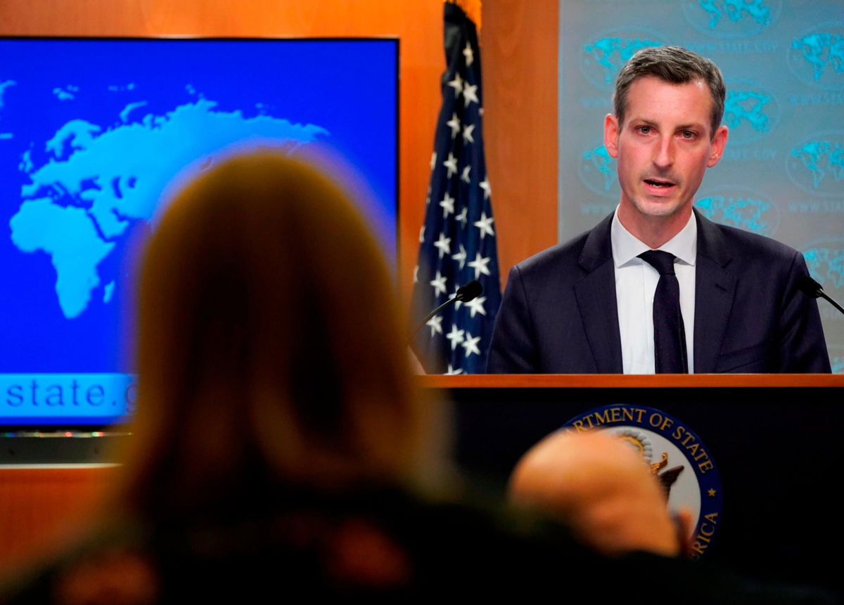 <i>KEVIN LAMARQUE/AFP/POOL/AFP via Getty Images</i><br/>US State Department Spokesman Ned Price speaks during a press briefing at the State Department in Washington