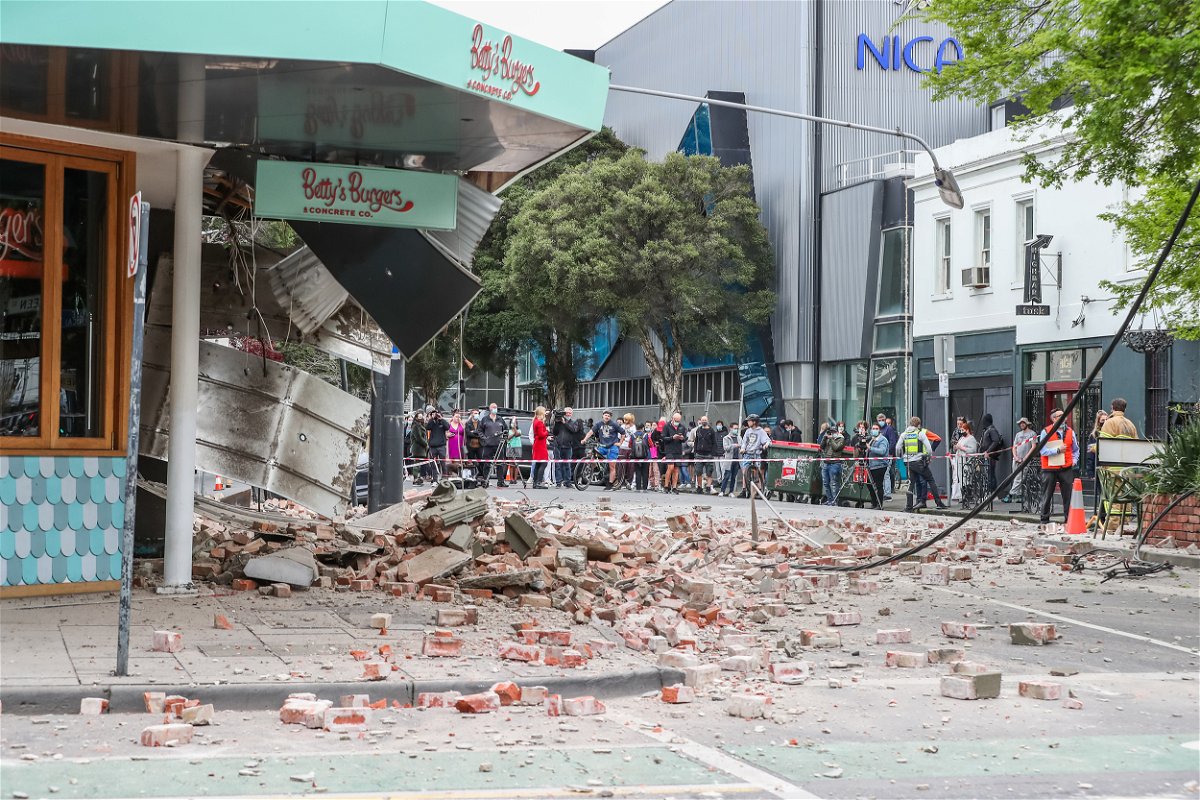 Damaged buildings (Betty's Burgers) following an earthquake are seen along Chapel Street in Melbourne, Australia.