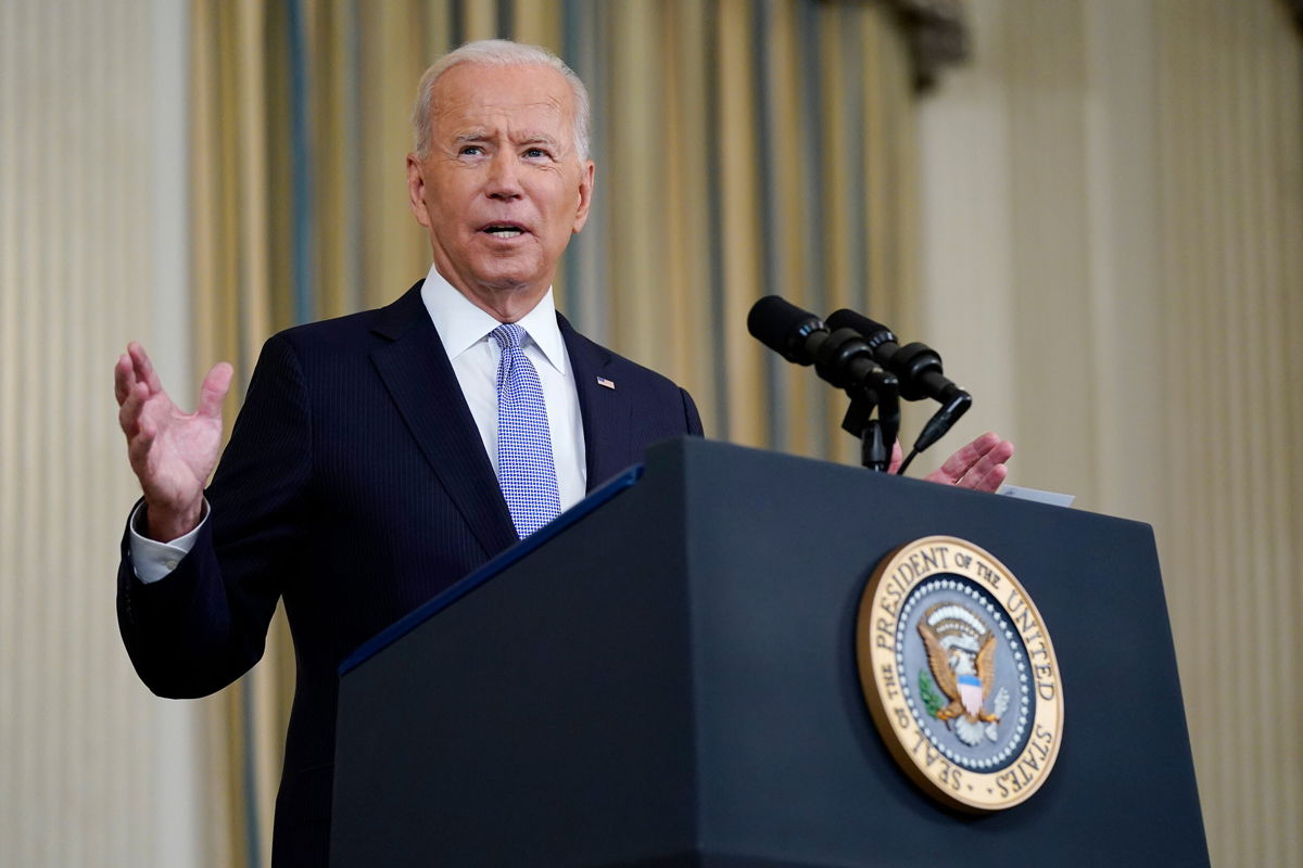 <i>Patrick Semansky/AP</i><br/>President Joe Biden speaks about the COVID-19 response and vaccinations in the State Dining Room of the White House