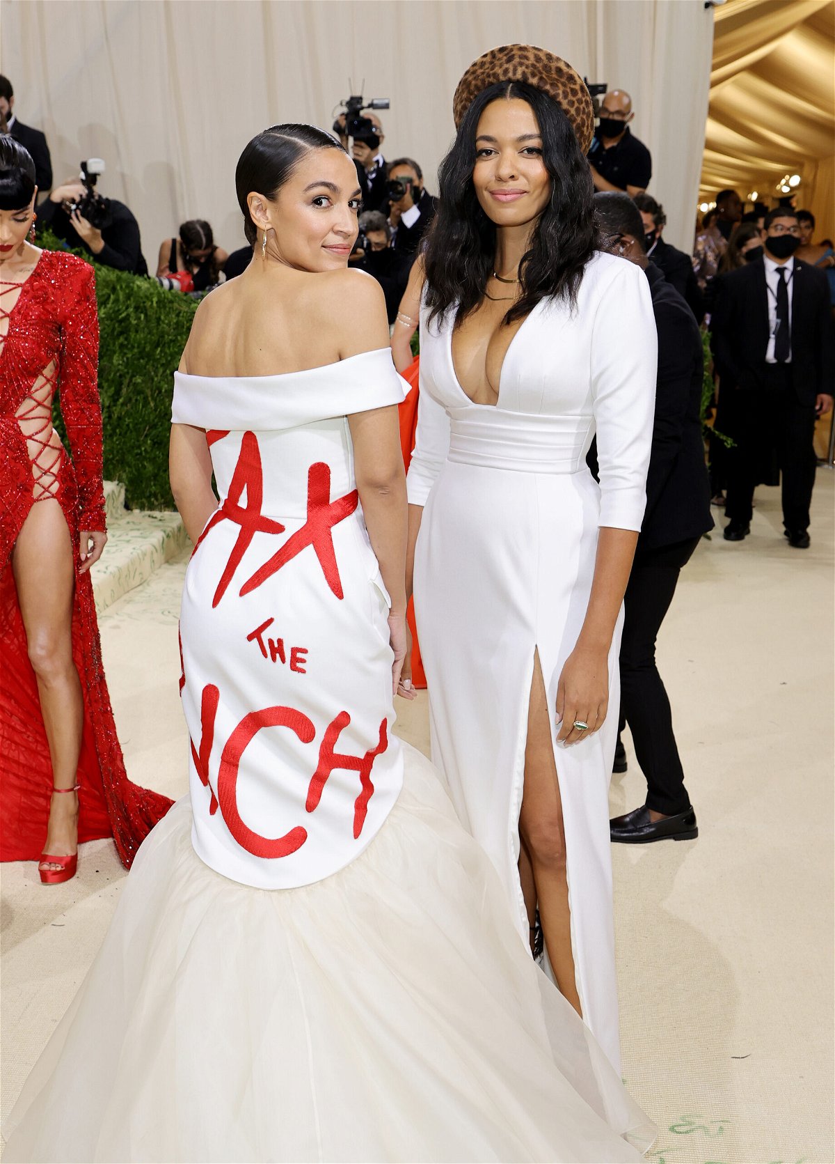 <i>Mike Coppola/Getty Images</i><br/>Alexandria Ocasio-Cortez attends the 2021 Met Gala accompanied by Brother Vellies founder Aurora James