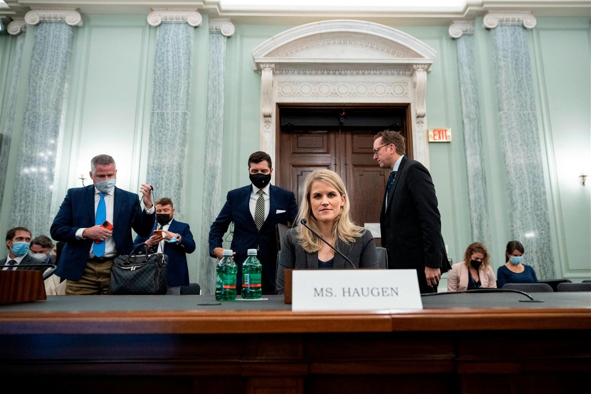<i>Drew Angerer/Getty Images</i><br/>Former Facebook employee Frances Haugen prepares to leave at the end of a Senate Committee on Commerce
