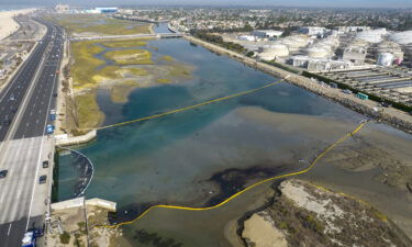 Booms float in the Talbert Marsh in Huntington Beach