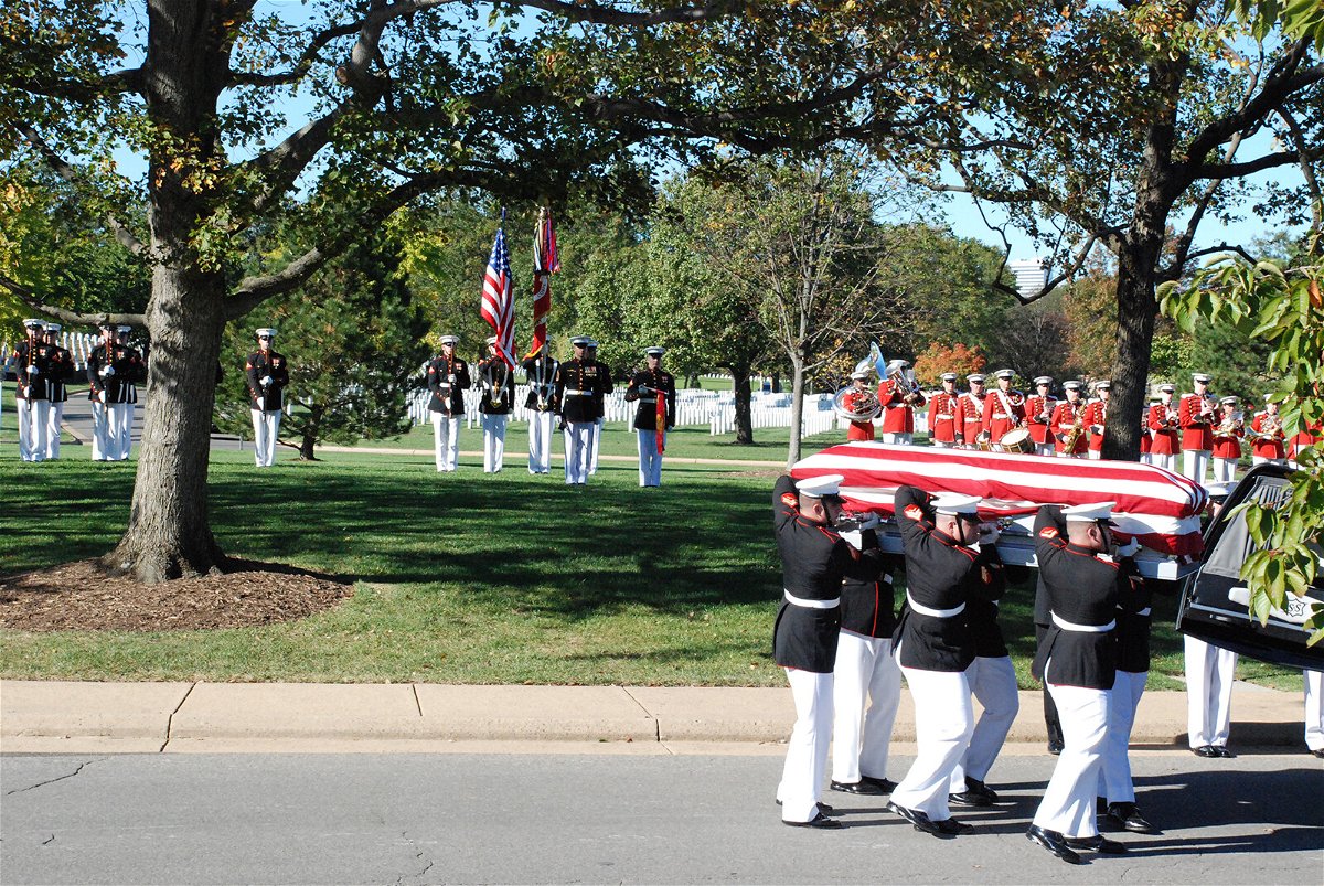 <i>Courtesy History Flight</i><br/>Marines remove Harold Hayden's casket before his funeral at Arlington National Cemetery.