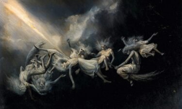 William Holbrook Beard depicts a fantastical view of stormbound witches in flight -- the coven sent reeling	from a flash of close lightning.