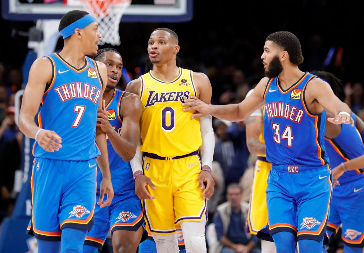 <i>Alonzo Adams/USA Today Sports</i><br/>The Los Angeles Lakers guard Russell Westbrook (center) was ejected after a heated exchange with Oklahoma City Thunder forward Darius Bazley (left).