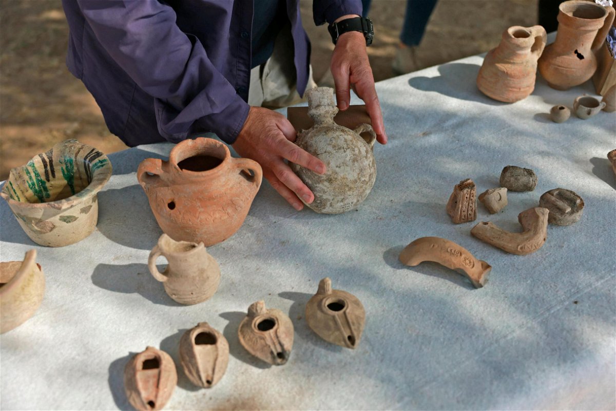 <i>MENAHEM KAHANA/AFP/GETTY IMAGES</i><br/>Ceramic finds discovered at the Tel Yavne excavation site