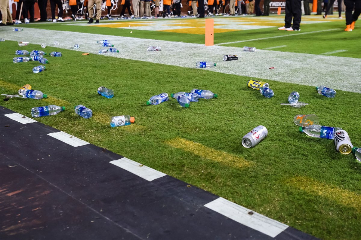 <i>Bryan Lynn/USA Today Sports/Sipa</i><br/>Debris is seen on the field after fans threw objects onto the field during the game between the Tennessee Volunteers and Mississippi Rebels at Neyland Stadium.