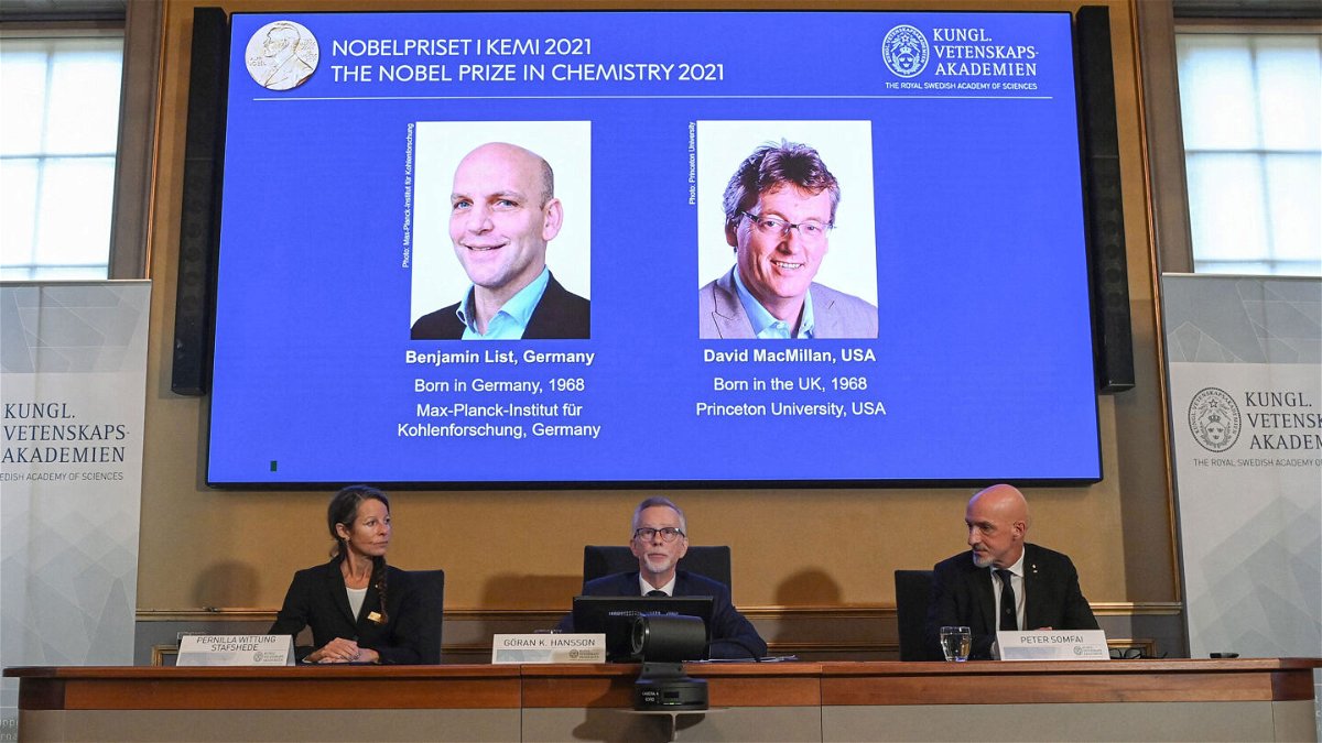 <i>JONATHAN NACKSTRAND/AFP via Getty Images</i><br/>Benjamin List and David MacMillan are announced as winners of the 2021 Nobel prize in chemistry