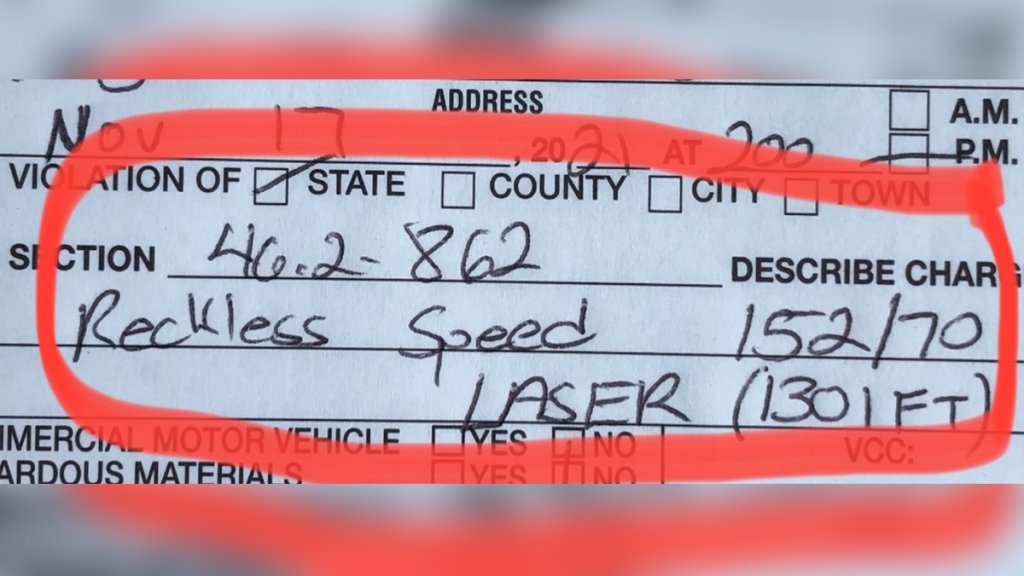 A copy of the speeding ticket showing 152mph in a 70 zone.
