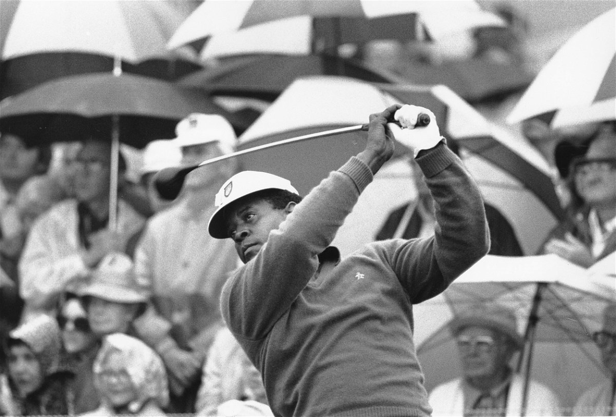 <i>AP</i><br/>Lee Elder watches the flight of his ball as he tees off in the first round at the Masters in 1975.