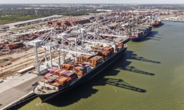 An aerial photo shows container ships at a Port of Houston. Texas Gov. Greg Abbott thinks the delays at the nation's largest ports in Southern California is an opportunity for Texas to capture more business.