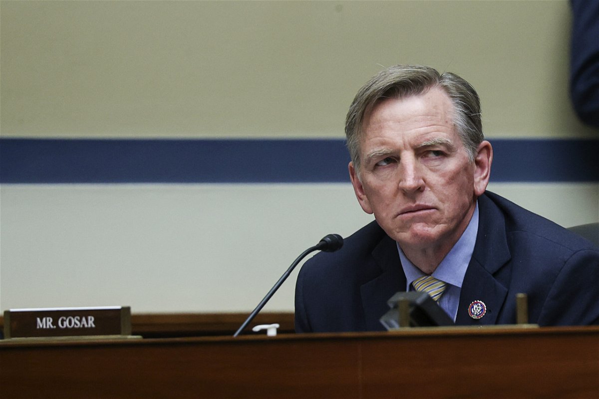<i>JONATHAN ERNST/AFP/POOL/AFP via Getty Images</i><br/>Republican Rep. Paul Gosar posted a photoshopped anime video to his Twitter and Instagram accounts showing him appearing to kill Democratic Rep. Alexandria Ocasio-Cortez and attacking President Joe Biden. Gosar is shown here at a House Oversight and Reform Committee hearing in Washington.