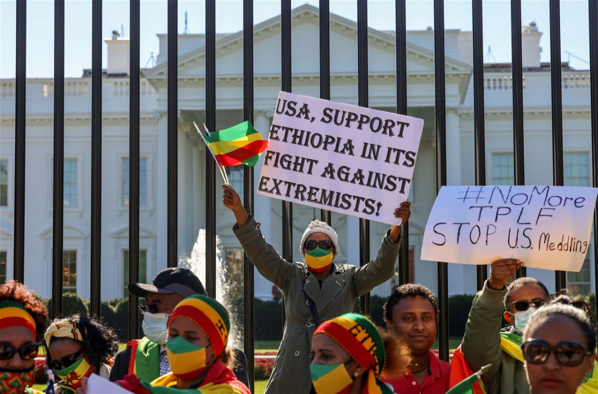 <i>Evelyn Hockstein/Reuters</i><br/>Demonstrators outside the White House on November 8 denounce the United States' stance on the conflict in Ethiopia.