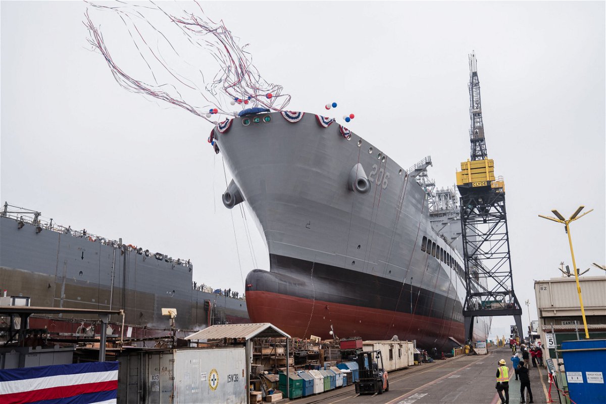 <i>Ariana Drehsler/AFP/Getty Images</i><br/>USNS Harvey Milk departs the General Dynamics NASSCO shipyard after a ceremonial address in San Diego