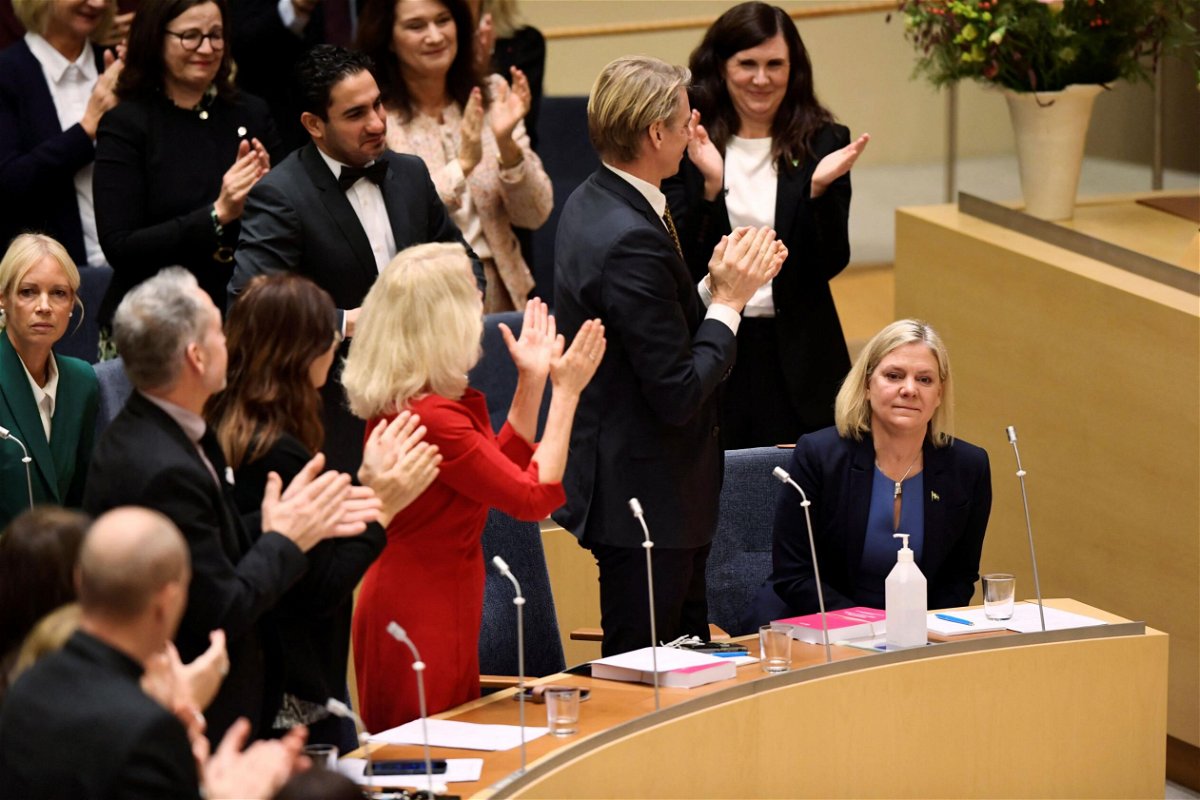 <i>Erik Simander/TT News Agency/AFP/Getty Images</i><br/>Take two: Magdalena Andersson sits as she was voted in as Sweden's first female prime minister for the first time