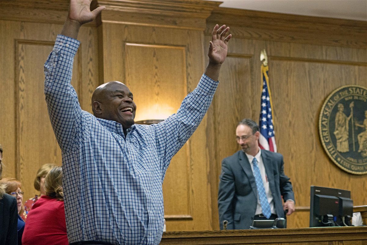 <i>Deborah Griffin/The Daily Reflector via AP</i><br/>Dontae Sharpe enters a Pitt County courtroom to the cheers of his family after a judge determined he could be set free on a $100