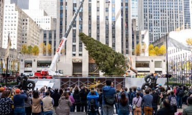 Workers move the Rockefeller Center Christmas tree into place on Saturday in New York.