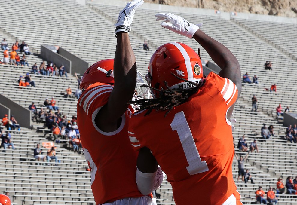 UTEP celebrates after scoring a touchdown against Rice.