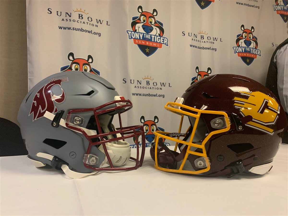 Th helmets of Central Michigan and Washington State are displayed at a Sun Bowl news conference. 