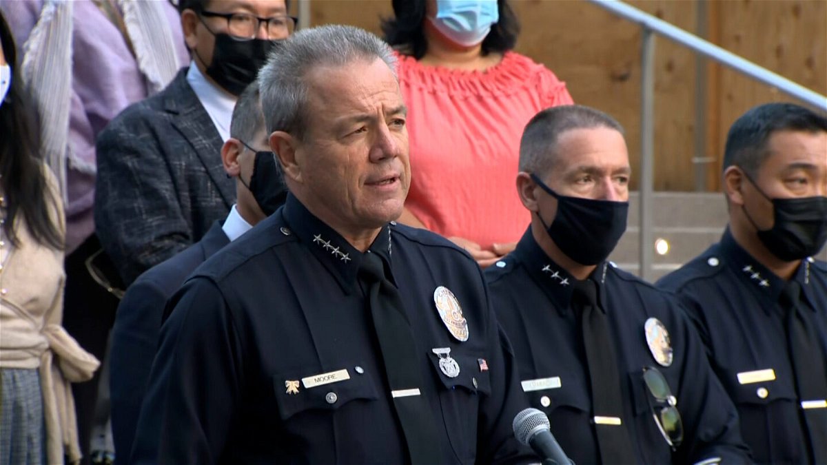<i>KCAL/KCBS</i><br/>LAPD Chief Michel Moore shared details Thursday of the arrests of 11 people accused of committing coordinated robberies and burglaries.