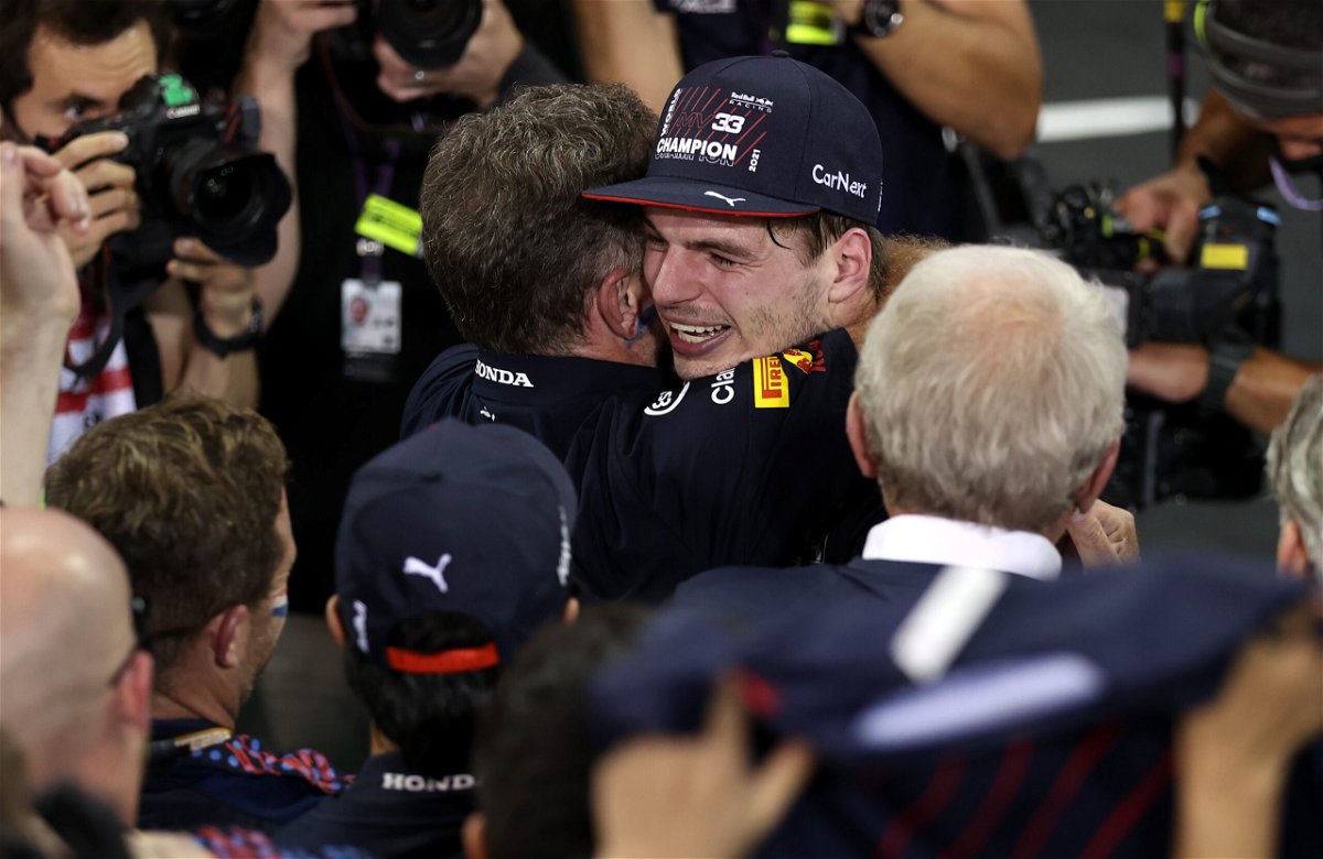 <i>Lars Baron/Getty Images</i><br/>Verstappen celebrates with Red Bull Racing team principal Christian Horner.