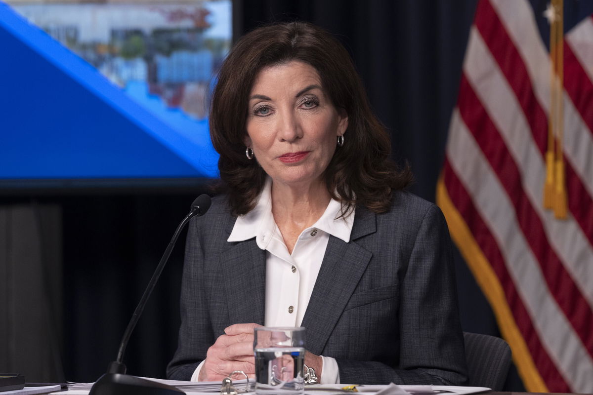 <i>Lev Radin/Pacific Press/LightRocket/Getty Images</i><br/>New York Governor Kathy Hochul signs a bill criminalizing fake Covid-19 vaccination cards.