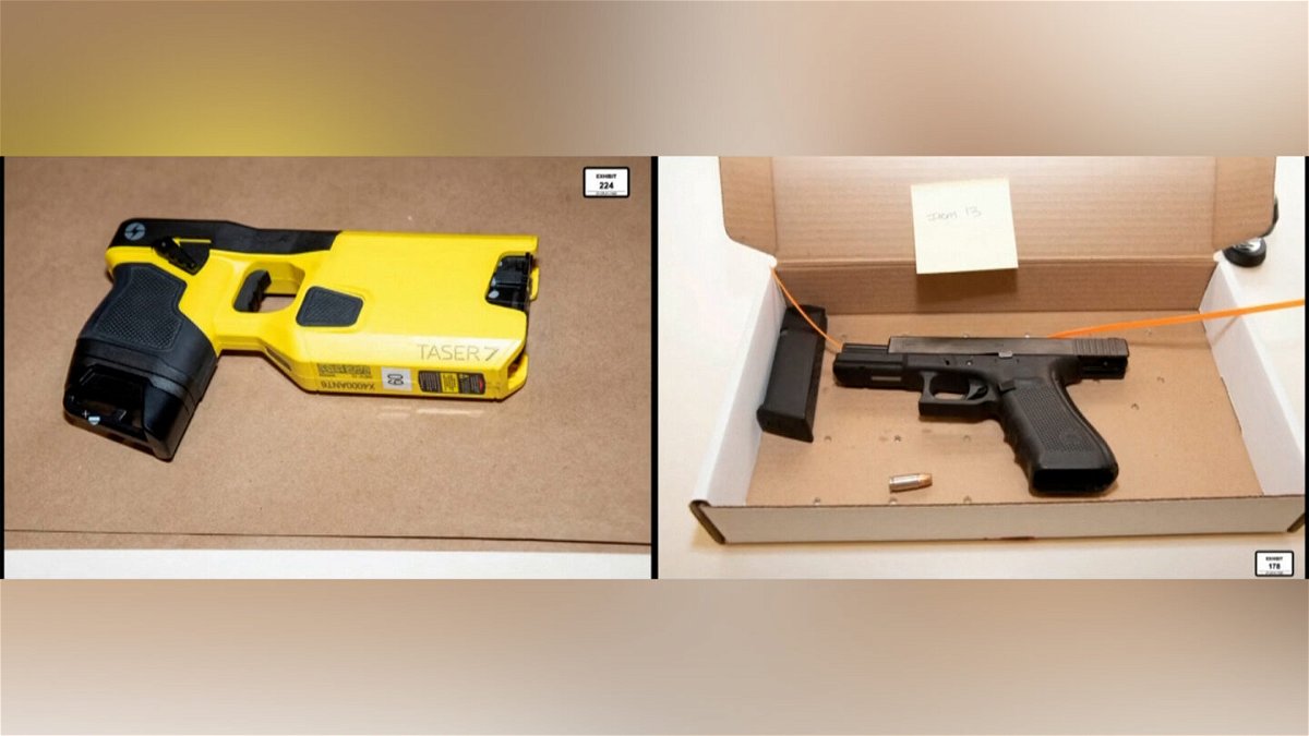 <i>Pool</i><br/>A Taser is shown on the left and a Glock to the right.