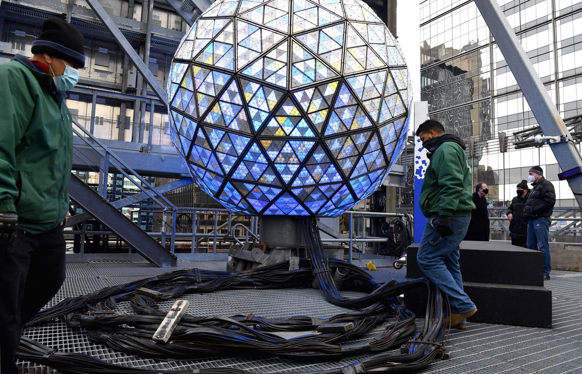 <i>Angela Weiss/AFP/Getty Images</i><br/>New York's mayor says he's hopeful the Times Square celebration will go on as planned. The world famous Times Square crystal ball is pictured a day ahead of the New Year's Eve celebrations at Time Square