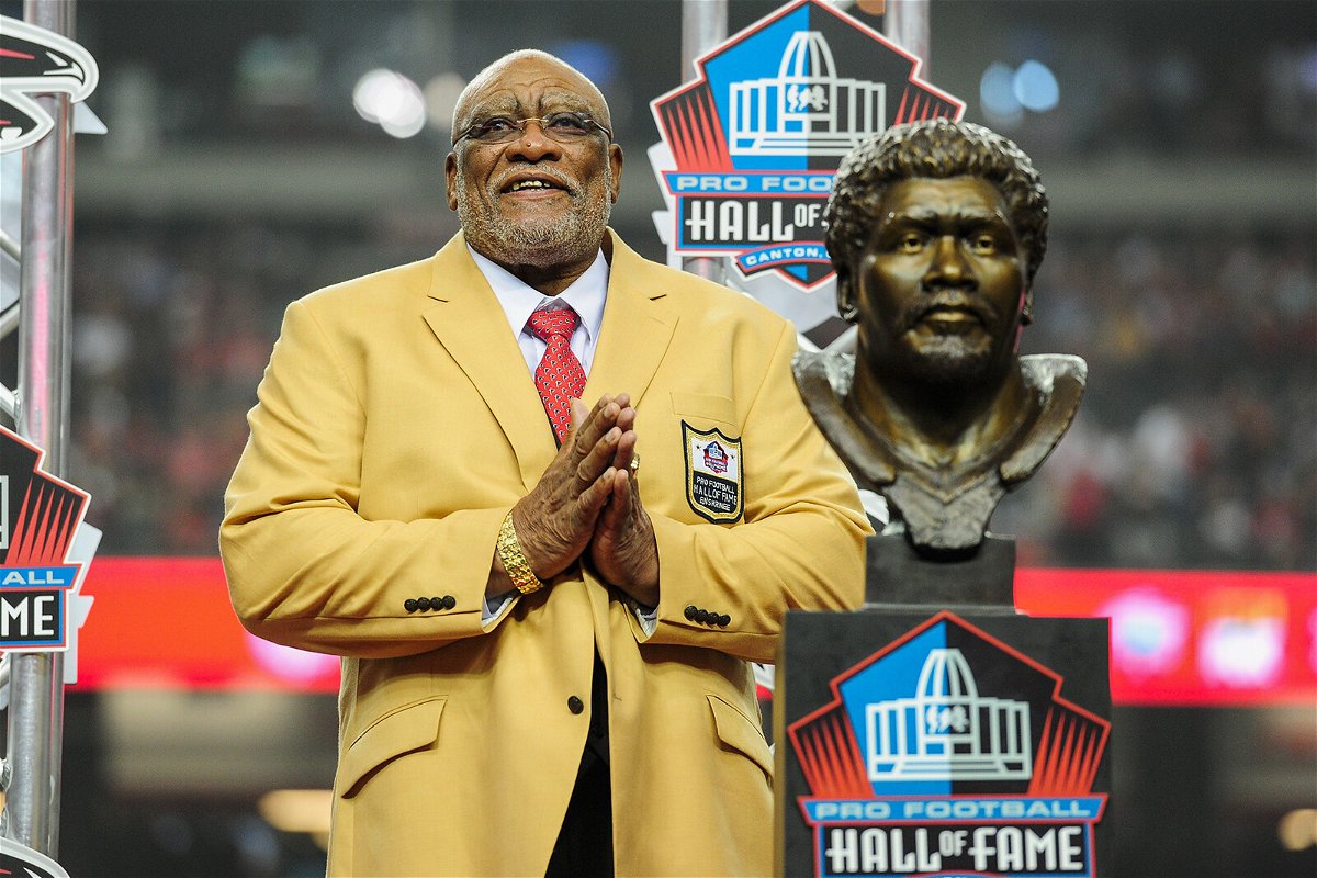 <i>Scott Cunningham/Getty Images</i><br/>Former Atlanta Falcons player Claude Humphrey celebrates his NFL Hall of Fame induction on September 7
