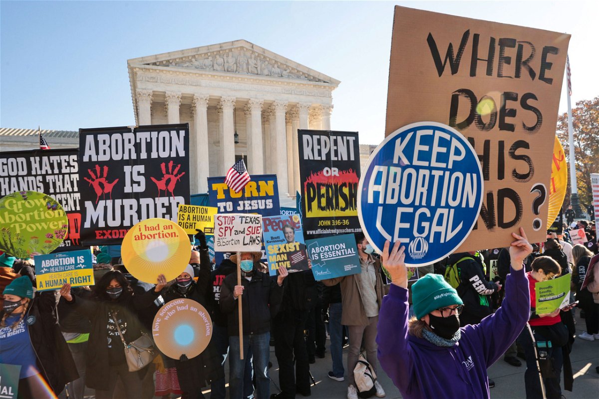 Abortion demonstrators gather in front of the U.S. Supreme Court.