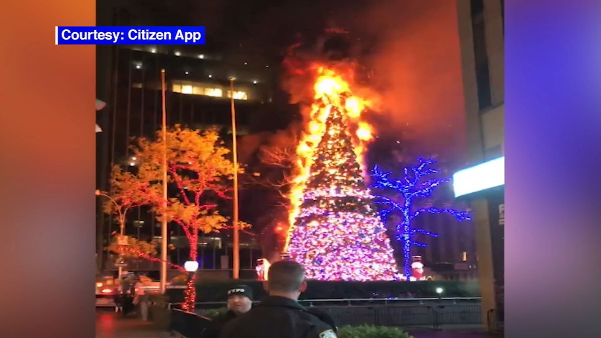 A 50-foot Christmas tree burns in front of Fox News headquarters in midtown Manhattan.