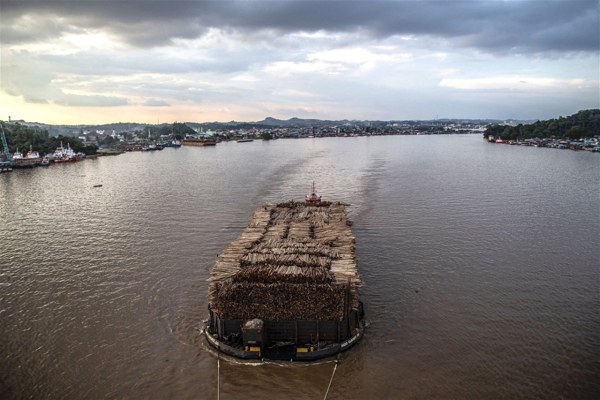 <i>Aditya Aji/AFP/Getty Images</i><br/>A barge filled with logged timber pulled along the Mahakam river passes the town of Samarinda