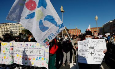 French teachers attend a demonstration in the southeastern city of Nice as part of a nationwide day of strike action and protests against Covid-19 protocols in schools on January 13.