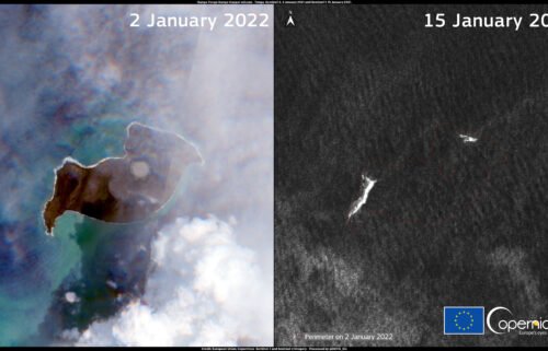 New images released Monday reveal what is left of the oceanic volcano. It is not much. The left image is data from the Copernicus Sentinel-2 satellite acquired on 2 January 2022 and the right is Copernicus Sentinel-1 satellite imagery from 15 January 2022.