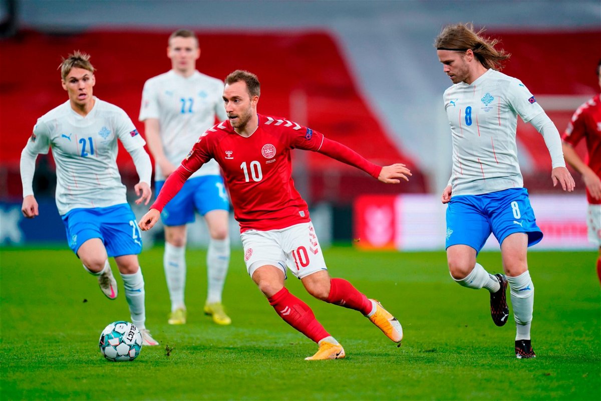 <i>Liselotte Sabroe/AFP/Ritzau Scanpix/Getty Images</i><br/>Denmark's midfielder Christian Eriksen (C) is pictured during the UEFA Nations League between Denmark and Iceland