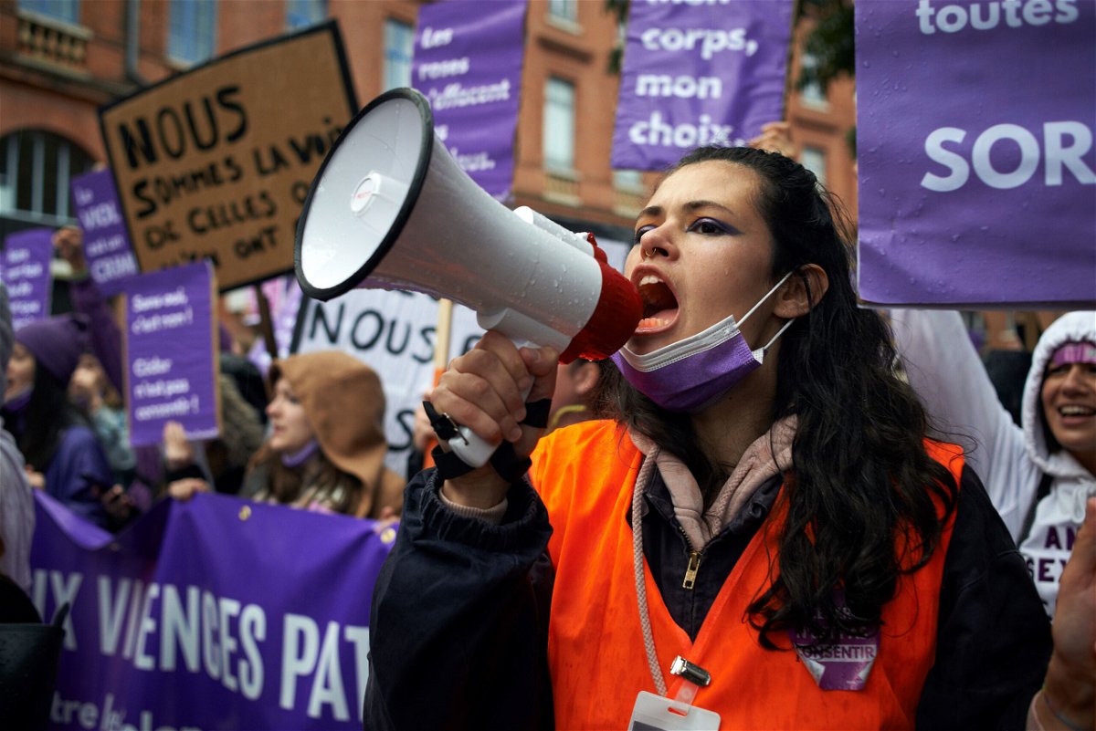 <i>Alain Pitton/NurPhoto via AP</i><br/>Women take part in a protest march against sexual violence and patriarchy organized by the feminist collective NousToutes in the southwestern French city of Toulouse in November 2021.