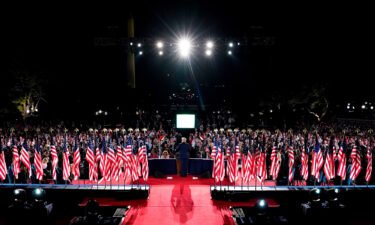 Former President Donald Trump delivers his acceptance speech for the Republican Party nomination for reelection during the final day of the Republican National Convention from the South Lawn of the White House on August 27