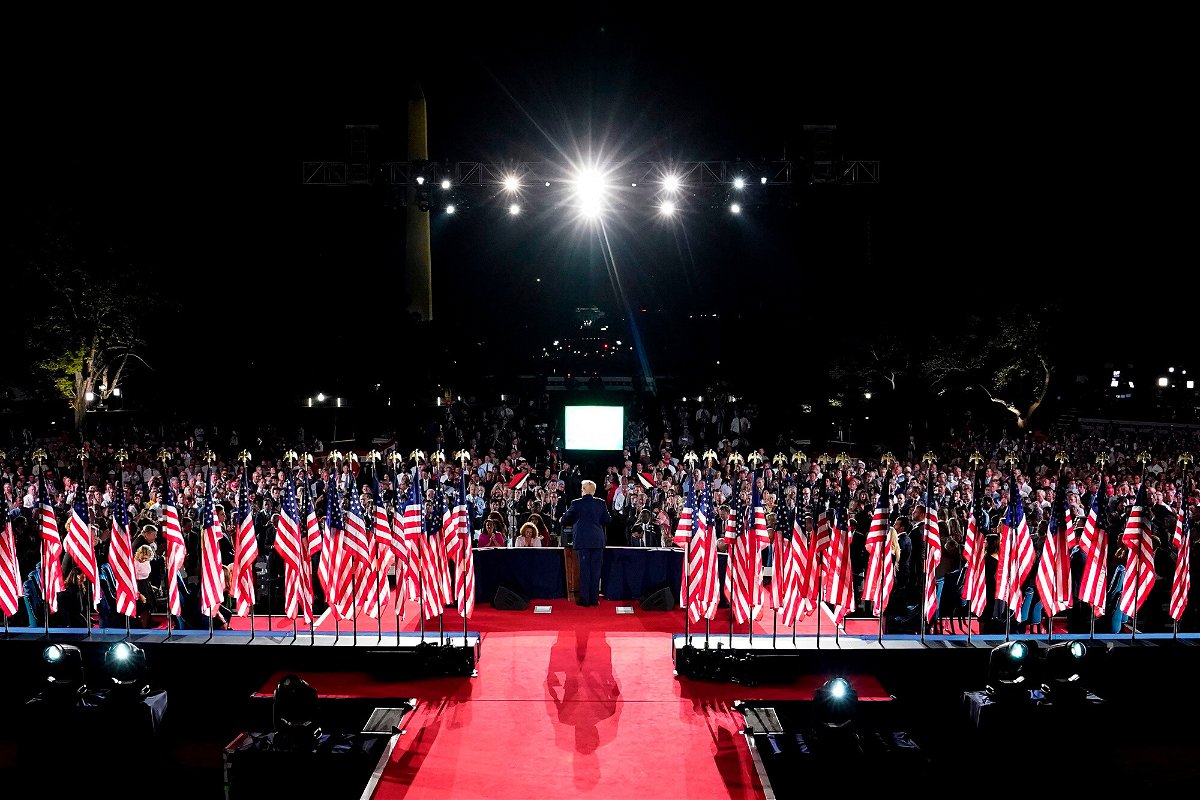 <i>Doug Mills/Pool/AFP/Getty Images</i><br/>Former President Donald Trump delivers his acceptance speech for the Republican Party nomination for reelection during the final day of the Republican National Convention from the South Lawn of the White House on August 27