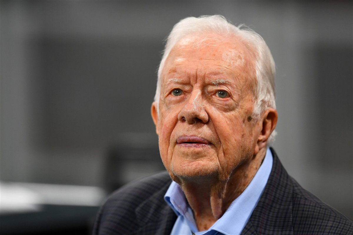 <i>Scott Cunningham/Getty Images</i><br/>Former president Jimmy Carter prior to the game between the Atlanta Falcons and the Cincinnati Bengals at Mercedes-Benz Stadium on September 30