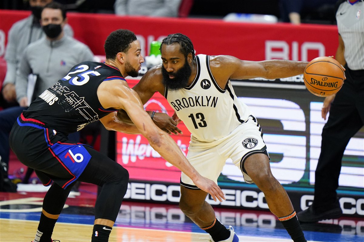 <i>Matt Slocum/AP</i><br/>James Harden tries to drive past Ben Simmons during the second half of a game on Saturday