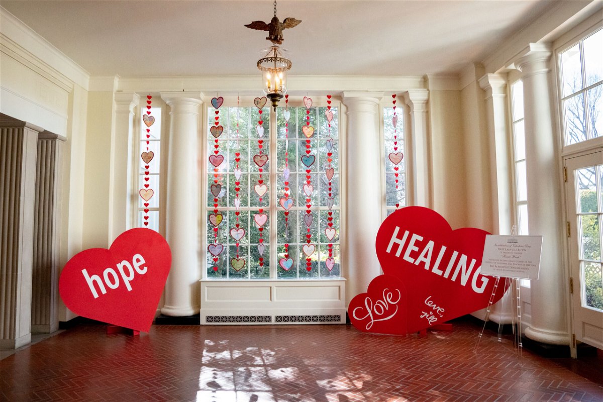 <i>Erin Scott/White House</i><br/>The East Wing landing is decorated for Valentine's Day on Friday