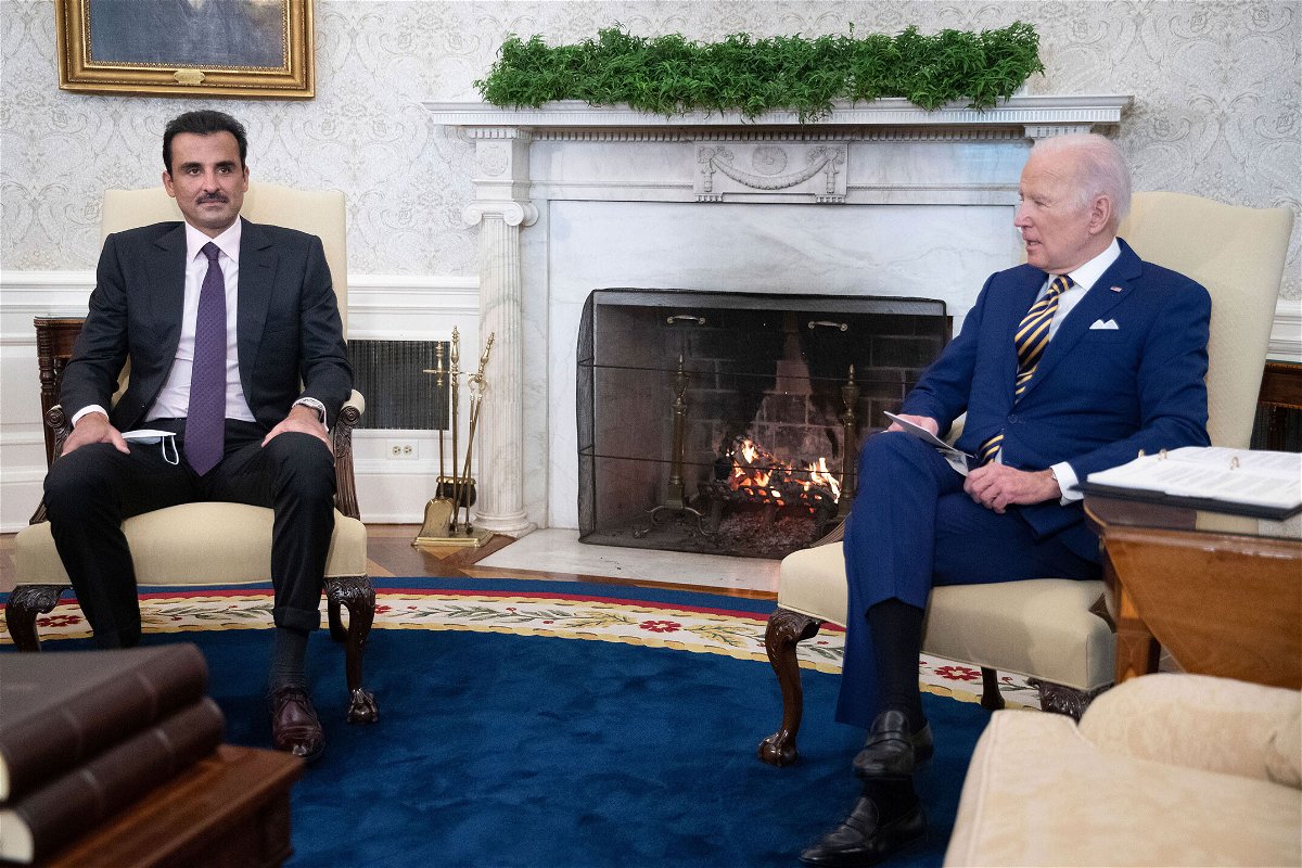 <i>Tom Brenner-Pool/New York Times/Getty Images</i><br/>President Joe Biden met with Qatar's leader Emir Sheikh Tamim bin Hamad Al Thani in the Oval Office on Monday.