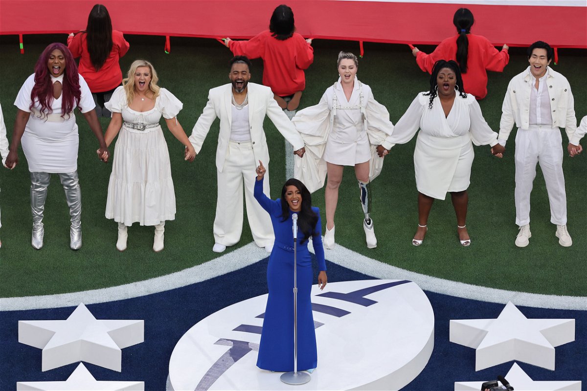 <i>Gregory Shamus/Getty Images</i><br/>Mickey Guyton performs at Super Bowl LVI.