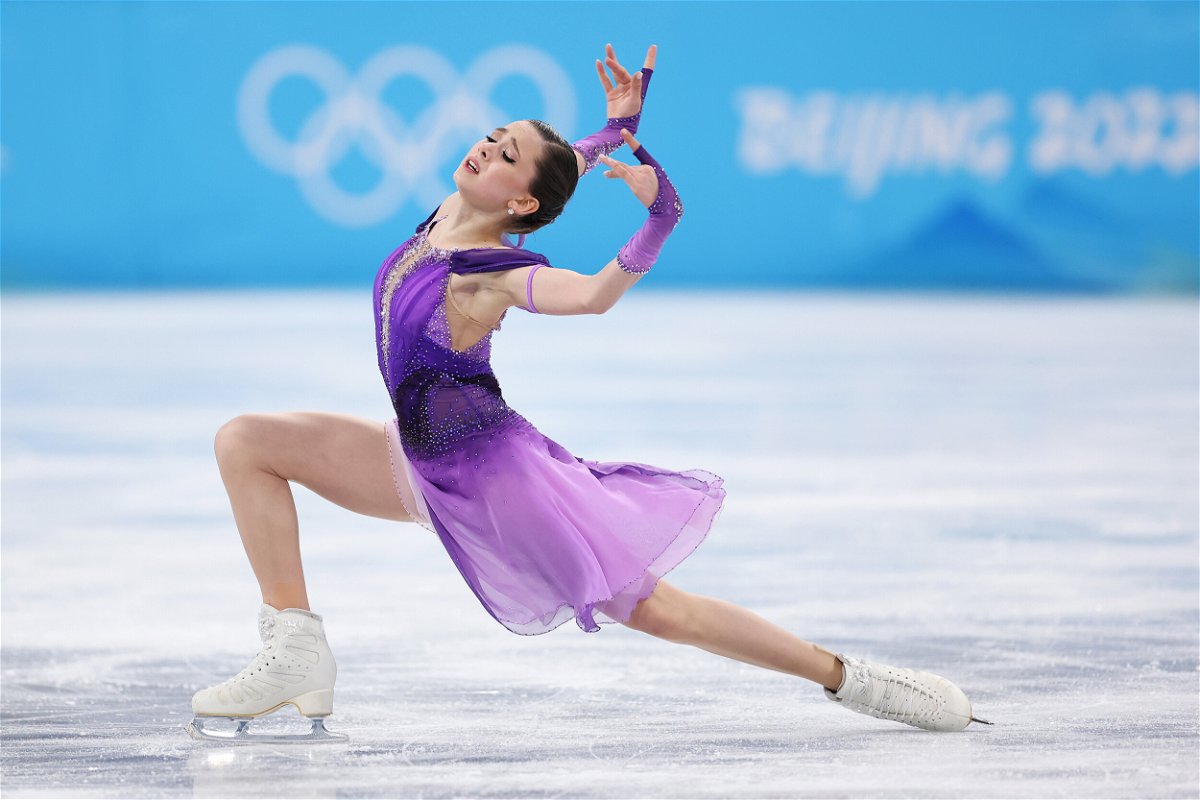 <i>Matthew Stockman/Getty Images</i><br/>Kamila Valieva of Team ROC skates during the women's singles competition on Tuesday in Beijing.