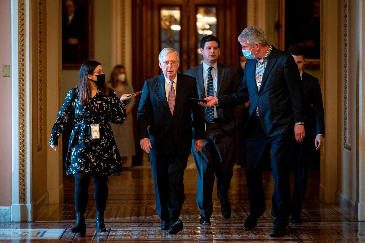 <i>Drew Angerer/Getty</i><br/>Senate Minority Leader Mitch McConnell (R-KY) speaks to reporters after speaking in the Senate Chamber at the U.S. Capitol on February 17.