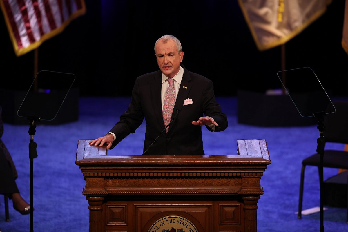 <i>Tayfun Coskun/Anadolu Agency/Getty Images</i><br/>Phil Murphy is sworn in as governor of New Jersey at the War Memorial Building in Trenton in January.