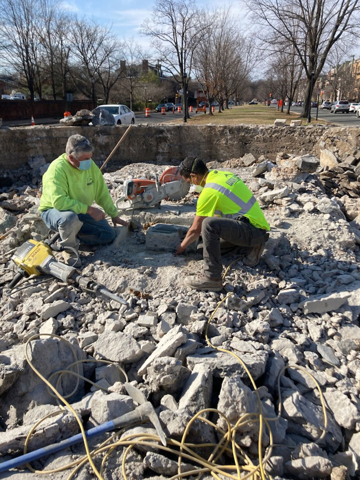 <i>Courtesy Jeannie Welliver/City of Richmond</i><br/>Workers uncovered a box under the pedestal that once held the Jefferson Davis statue in Richmond